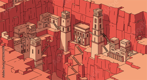 Ancient cliffside city in a canyon built on layers of red rocks with stairs and towers