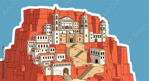 Ancient cliffside city with medieval architecture on vibrant red rock landscape