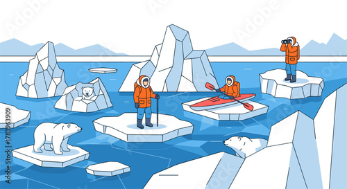 Arctic exploration adventure with polar bears and icebergs in winter landscape