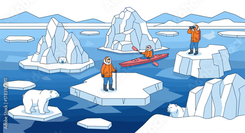 Arctic exploration adventure with polar bears and icebergs in a flat design