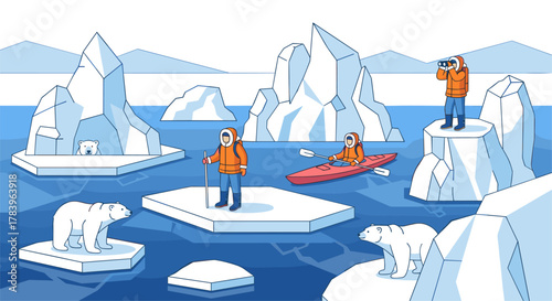 Arctic adventure with polar bears, icebergs, and explorers in line art style