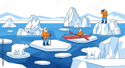 Arctic adventure: explorers and polar bears on icebergs in flat design