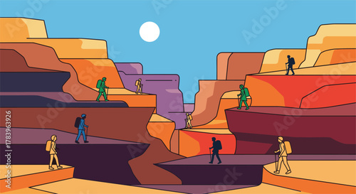 Hikers exploring colorful canyon landscape with sun