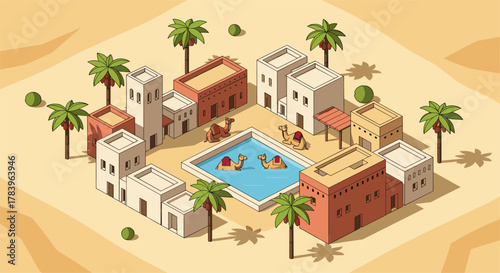 Isometric desert oasis with camels and traditional buildings