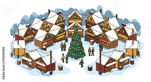 Festive winter market with snowy chalets and christmas tree