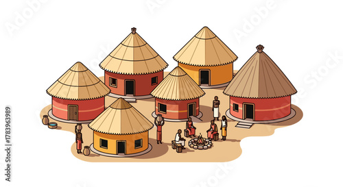 Traditional african village with round huts and community gathering