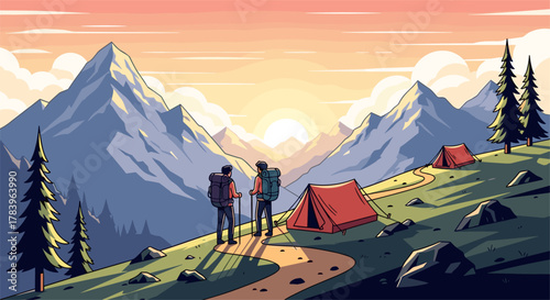 Sunset adventure: hikers camping in scenic mountain landscape