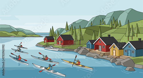 Colorful kayak adventure in scenic nordic landscape with vibrant cabins