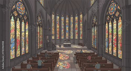 Gothic cathedral interior with stained glass and worshippers in detailed linear art