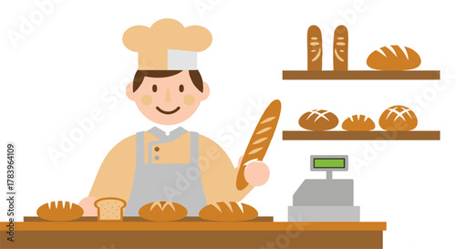 Smiling baker holding baguette at bakery counter with bread display