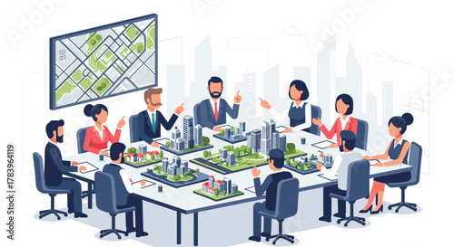 Diverse business team discussing urban planning with 3d city models in modern office