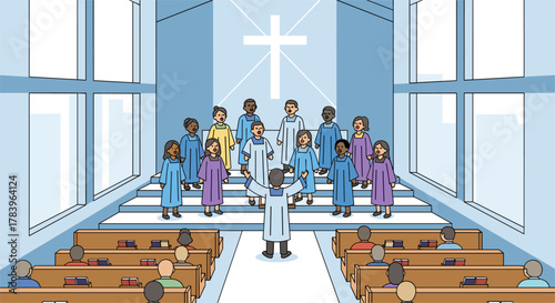Diverse choir singing in church: vibrant group performance in modern chapel