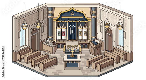 Isometric synagogue interior with torah and menorah in traditional design