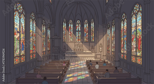 Sunlit cathedral interior with stained glass and arched ceilings