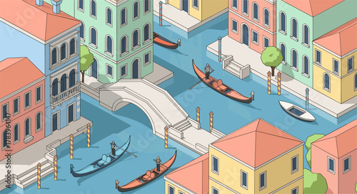 Charming isometric canal scene with colorful buildings and gondolas