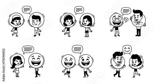 Illustrations of People Holding Emoji Masks Over Their Faces Lengthy Vector Design with Contemporary Style and Plain Background Exactly Two Hundred Characters Artistic