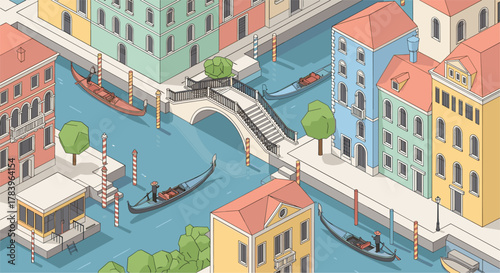 Charming isometric canal city scene with colorful buildings and gondolas