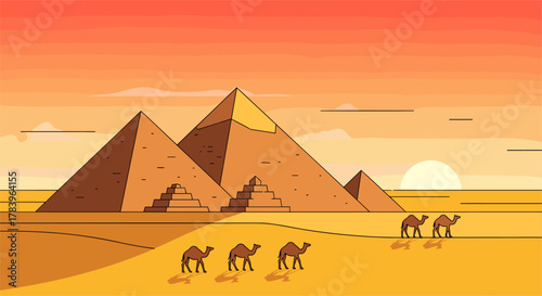Sunset scene with camels and pyramids in minimalist desert landscape