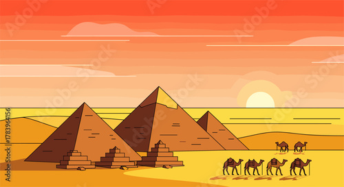 Sunset over egyptian pyramids with camel caravan in flat style