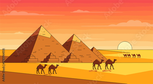 Camel caravan at sunset in desert landscape with ancient pyramids