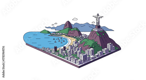 Isometric cityscape of rio de janeiro featuring iconic landmarks and coastline