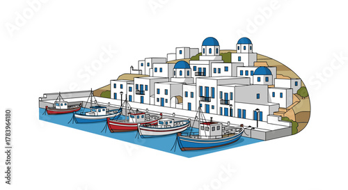 Charming mediterranean harbor with traditional white houses and fishing boats