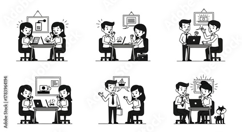 Brainstorming Session for New Product with Presentation Board Showing Shower Gel Container and Graph at Workplace in Office Vector Illustration in Black and White