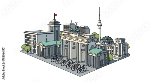 Isometric berlin cityscape with brandenburg gate and tv tower
