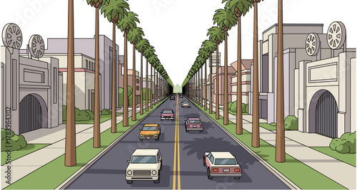 Iconic city boulevard with palm trees and classic cars in vintage style