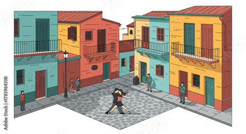Colorful street scene with tango dancers in charming urban neighborhood