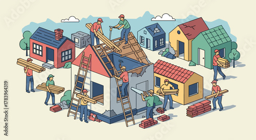 Isometric construction scene with workers building houses in a residential area