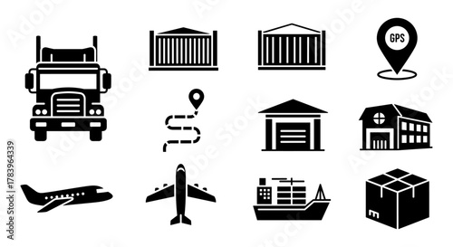 Silhouette icons of transportation and logistics elements for modern design