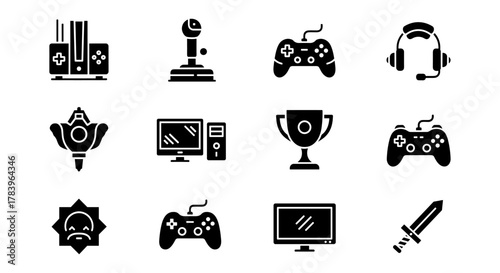 Gaming icons set: controllers, consoles, headset, trophy, sword, monitor, joystick