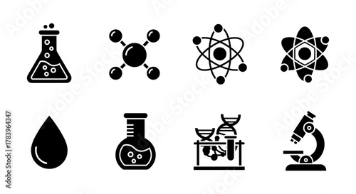 Science icon set: laboratory equipment and scientific symbols in bold black silhouette style