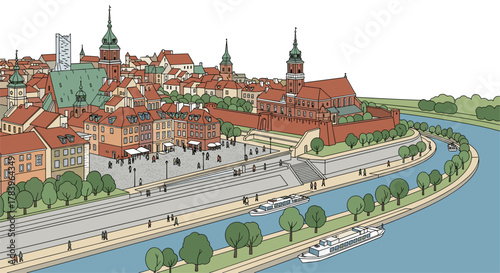 Historic european cityscape featuring riverfront architecture with boats and cathedral