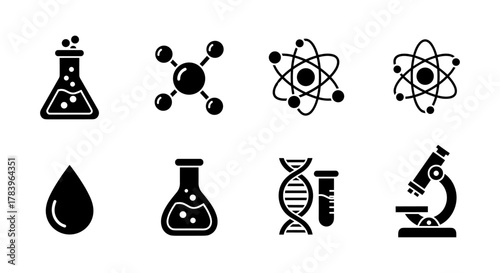 Black science icons set: chemistry, biology, and molecular designs