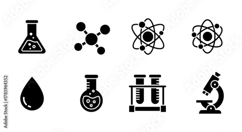 Science icon set with laboratory equipment and atomic models in silhouette style