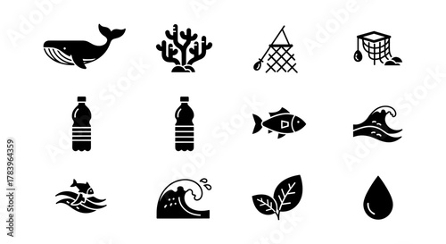 Ocean conservation icons: marine life, pollution, and sustainability designs