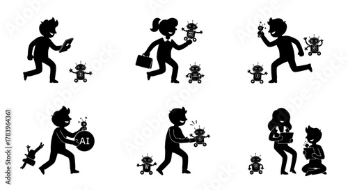 Silhouette Illustration of People and Robots Vector Graphic Design Presents Human Machine Interaction in Black and White Colors Isolated on White Background for Technology