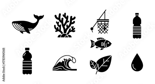 Marine conservation icons: animals, plants, and pollution awareness