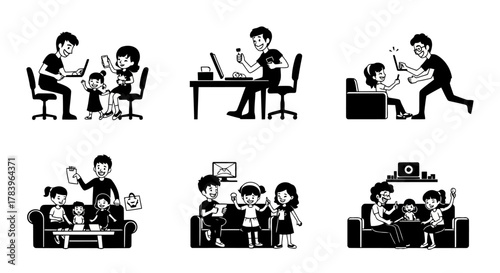 Family and Technology Flat Vector Illustration of Parents Working From Home While Taking Care of Their Children