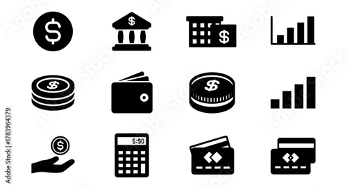 Financial management icons set: bank, wallet, calculator, charts, coins, credit cards