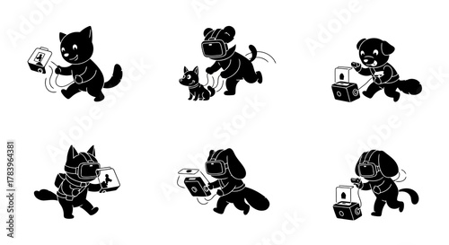 Silhouette Vector Illustration of Animals Using Virtual Reality Headsets Representing Technology and Modern Entertainment