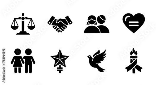 Silhouette icons of justice, unity, love, and peace for social themes