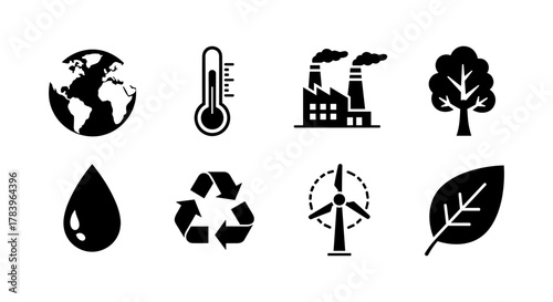 Environmental icons: earth, temperature, industry, nature, water, recycling, wind power, leaf