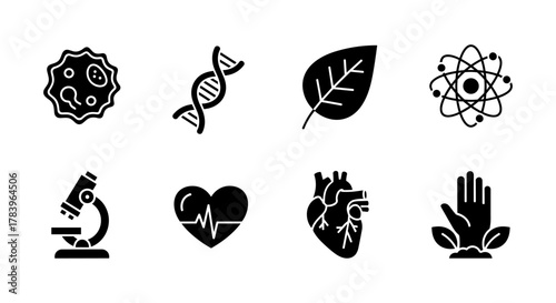 Science and nature icons: microscope, dna, atom, leaf, cell, heartbeat, eco hands