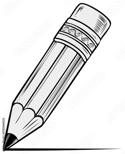 Classic pencil with eraser drawing a straight line black and white illustration
