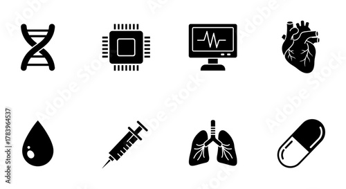 Medical silhouette icons: dna, microchip, monitor, heart, drop, syringe, lungs, capsule