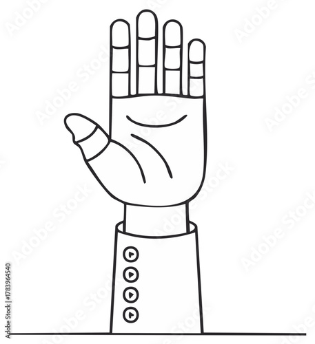 Stylized hand raised with open palm and fingers, black line art in a flat illustration style
