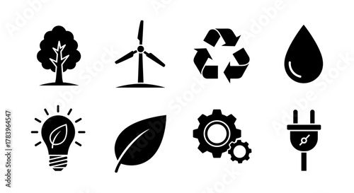 Black silhouette icons of sustainable energy and environment elements